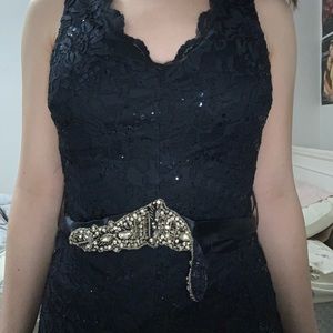 long navy lace formal dress